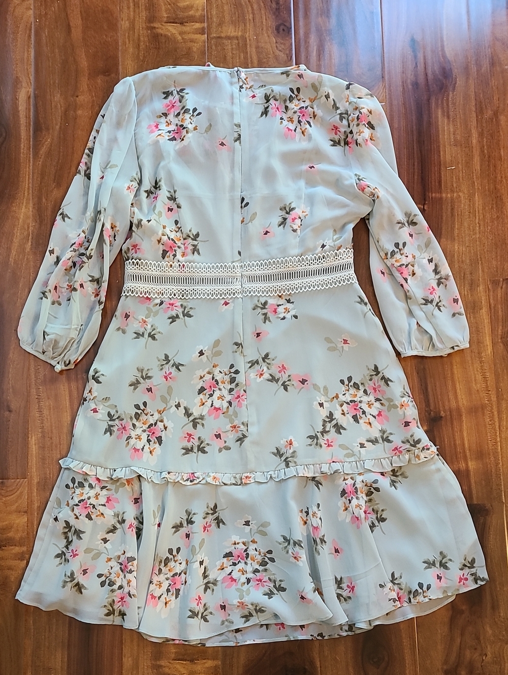 Donna Morgan Light Blue Floral Chiffon Dress with Pink Flowers - Picture 11 of 12